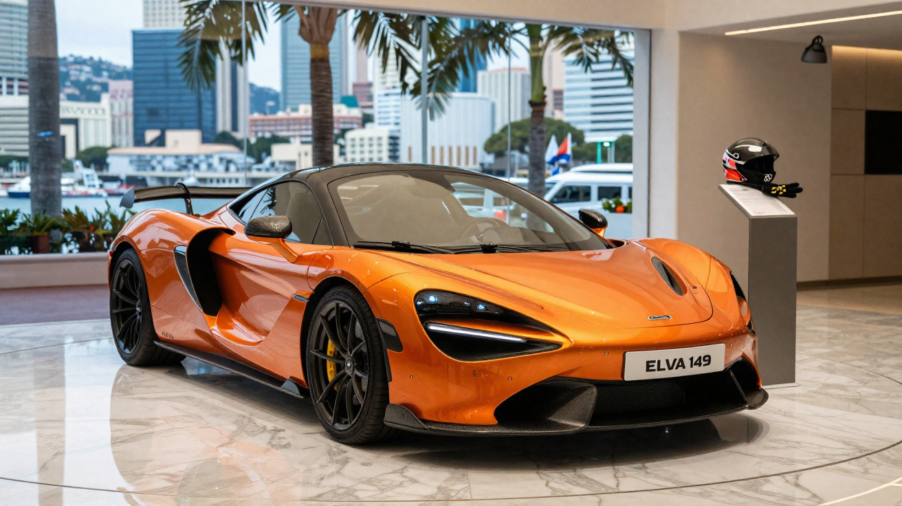 Carro desportivo laranja brilhante McLaren Elva 149 em exposição interior com capacete preto ao lado.