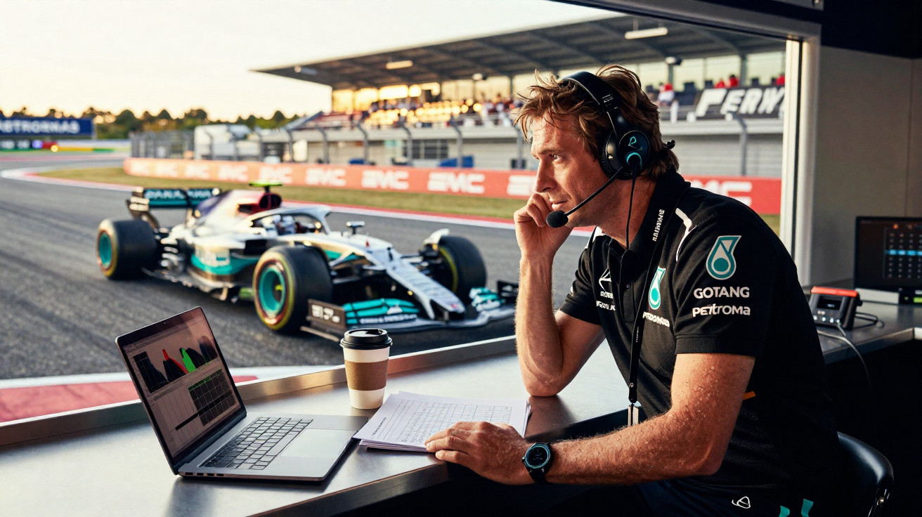 Homem com headset monitora dados num computador com carro de Fórmula 1 ao fundo na pista de corrida.