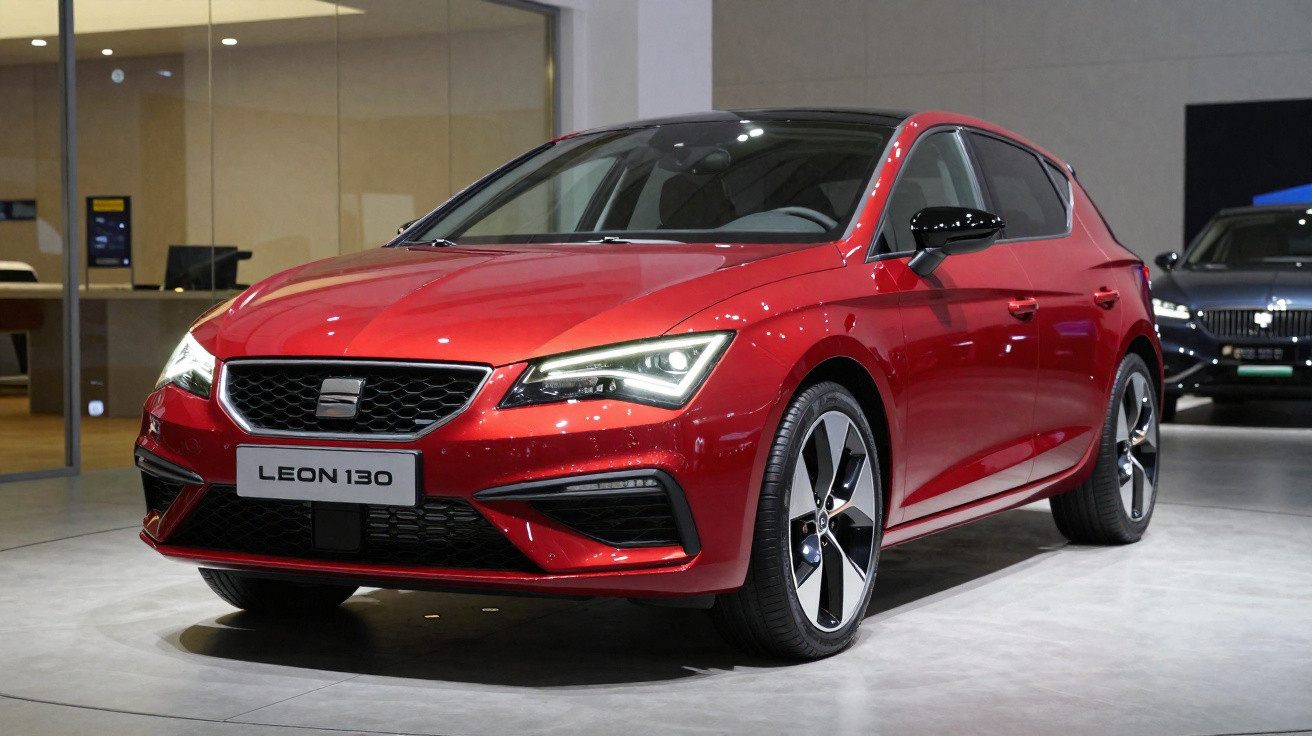 Carro vermelho SEAT Leon 130 estacionado em espaço interior moderno com iluminação direta.