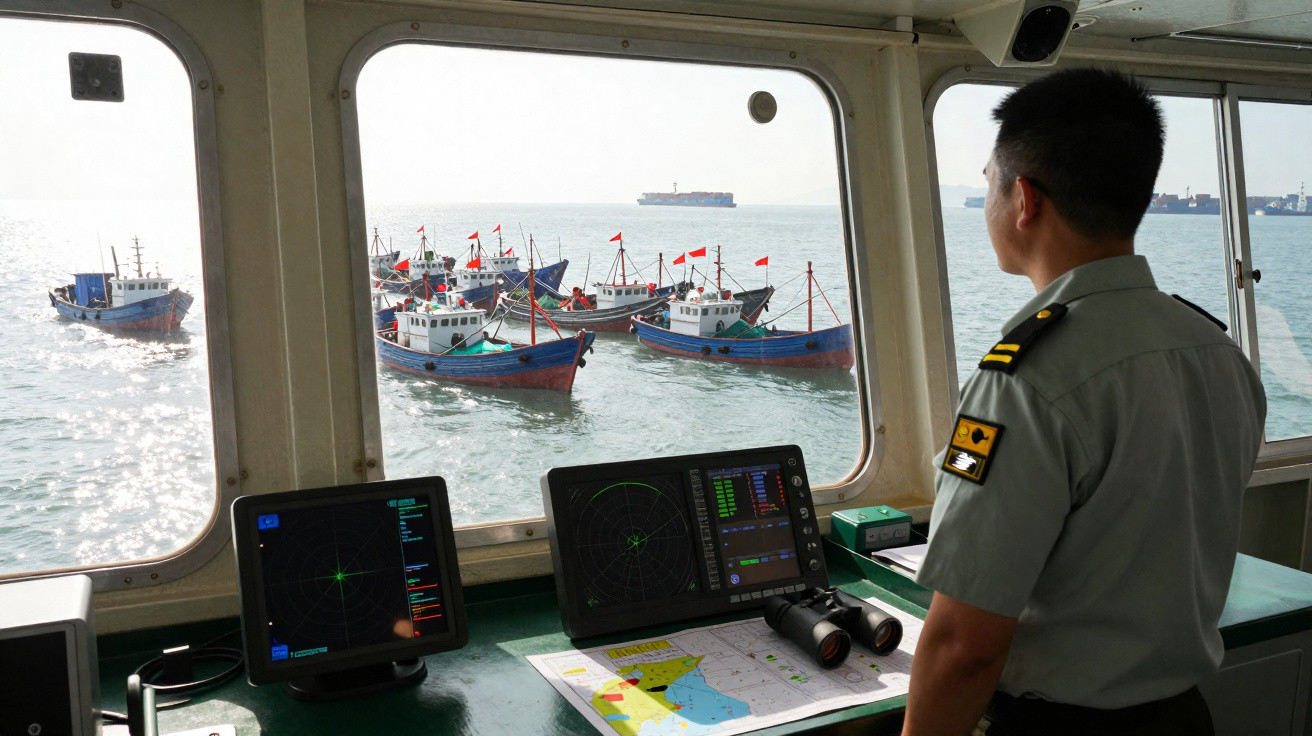 Homem em uniforme naval observa várias embarcações de pesca com bandeiras vermelhas no mar através da janela do navio.