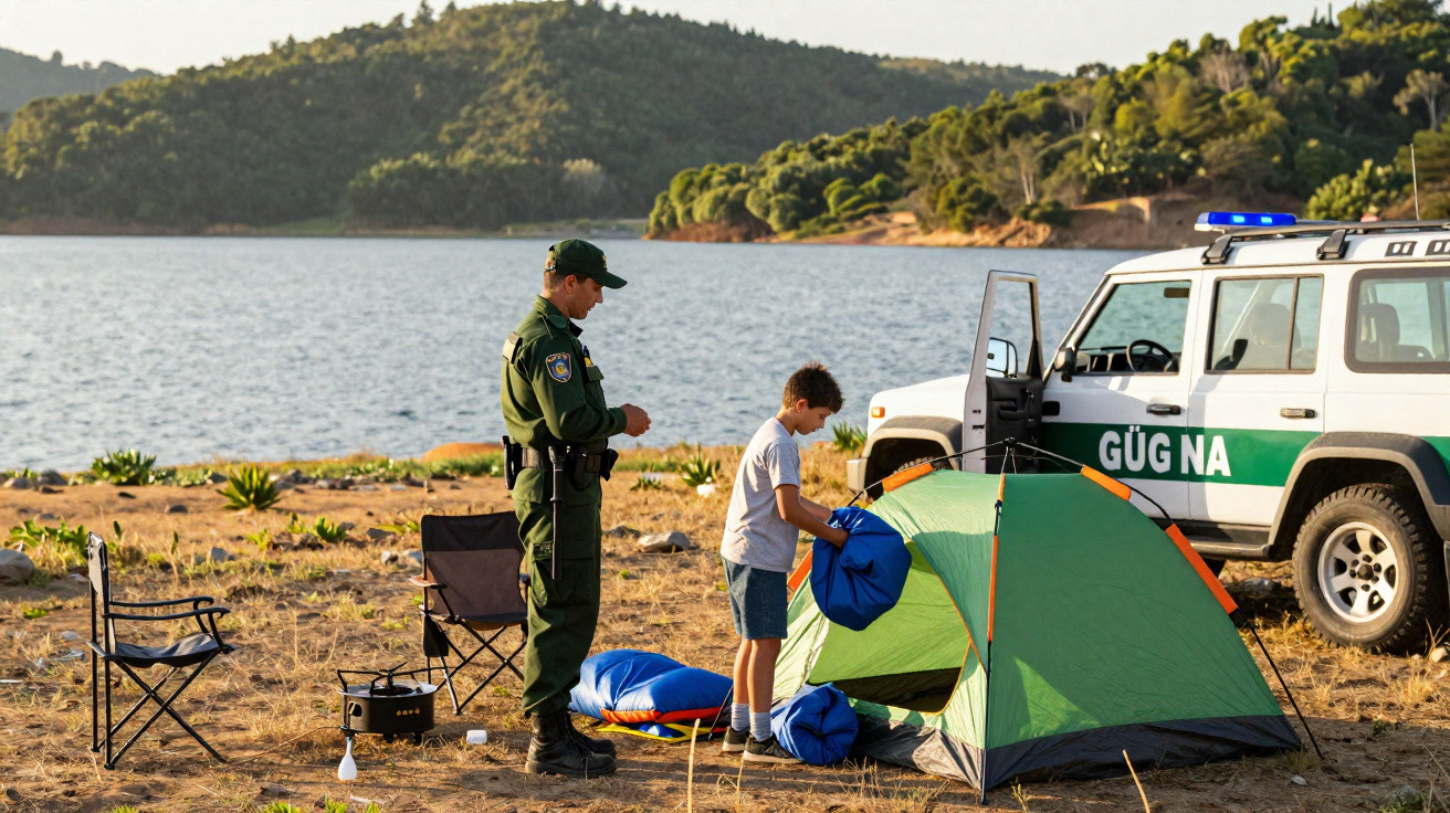 Agente da autoridade observa menino a montar tenda verde junto a veículo e cadeiras junto a rio com encosta arborizada.