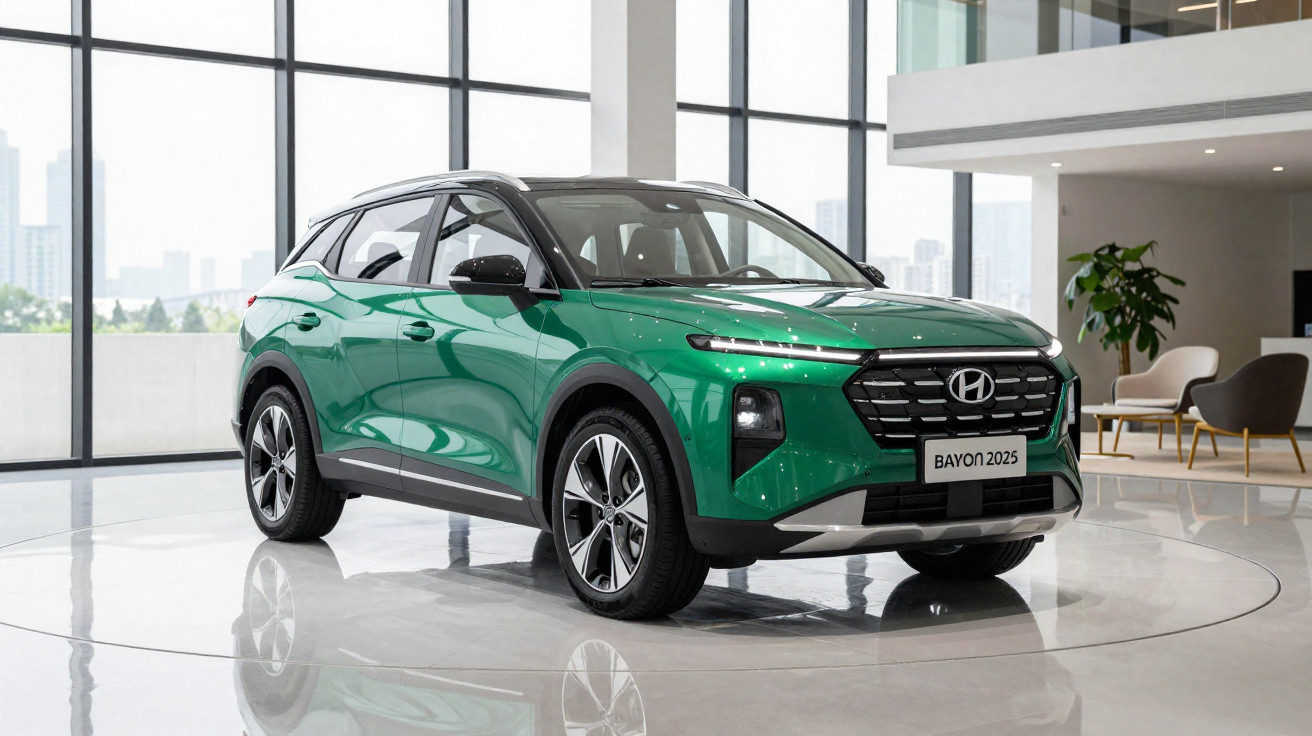 Carro SUV Hyundai Bayon 2025 verde exposto em interior moderno com janelas largas e móveis minimalistas.