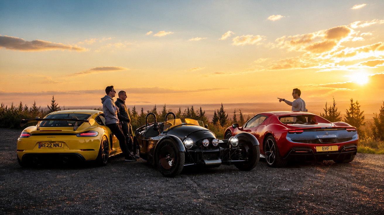 Três carros desportivos parados ao pôr do sol com três homens a conversar numa zona florestal.