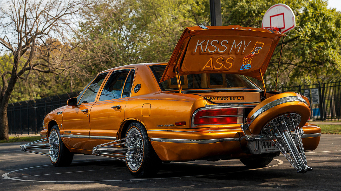 Carro clássico dourado com rodas personalizadas e mensagem "KISS MY ASS" na mala aberta estacionado em parque exterior.
