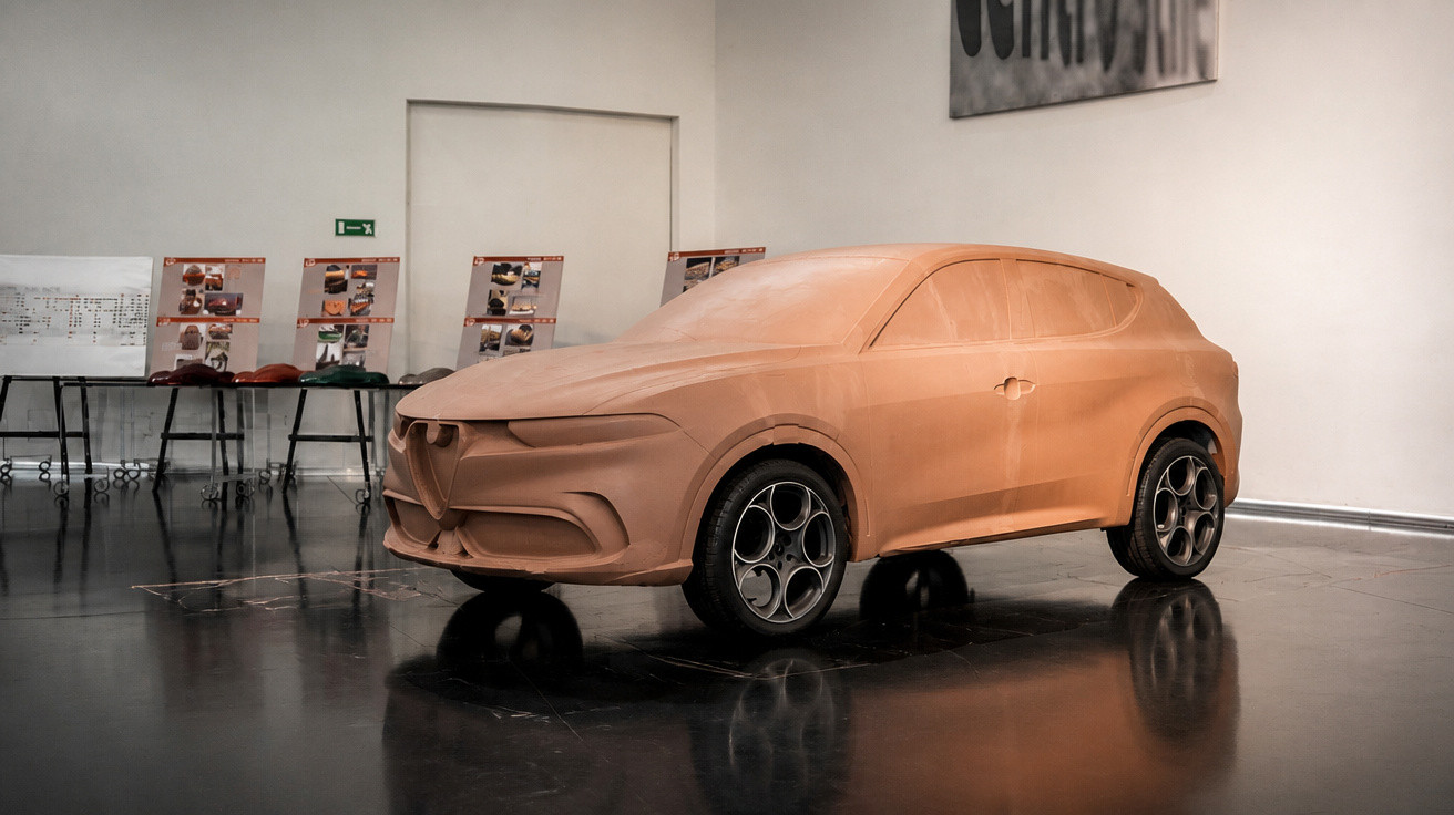 Modelo em barro de um carro SUV com design moderno, exibido numa sala de exposição.