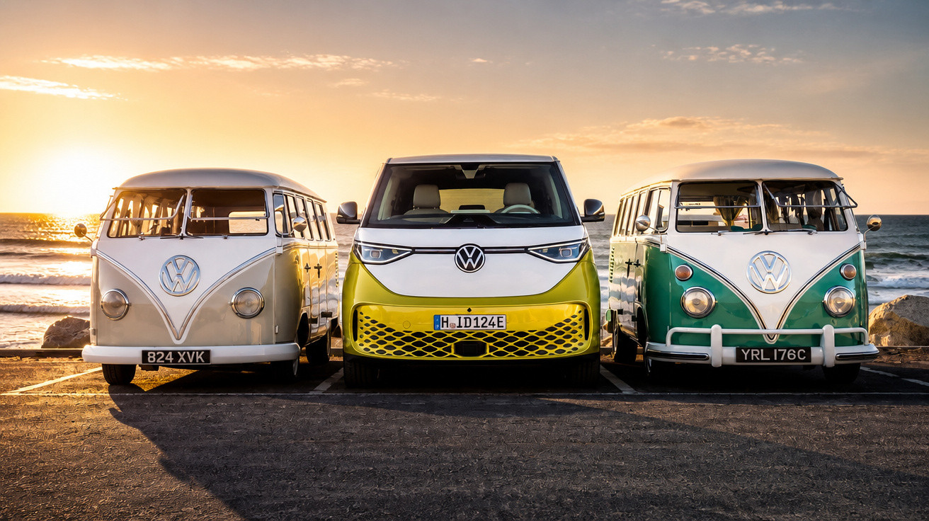 Três carrinhas Volkswagen estacionadas lado a lado à beira-mar ao pôr do sol, incluindo uma moderna entre duas clássicas.